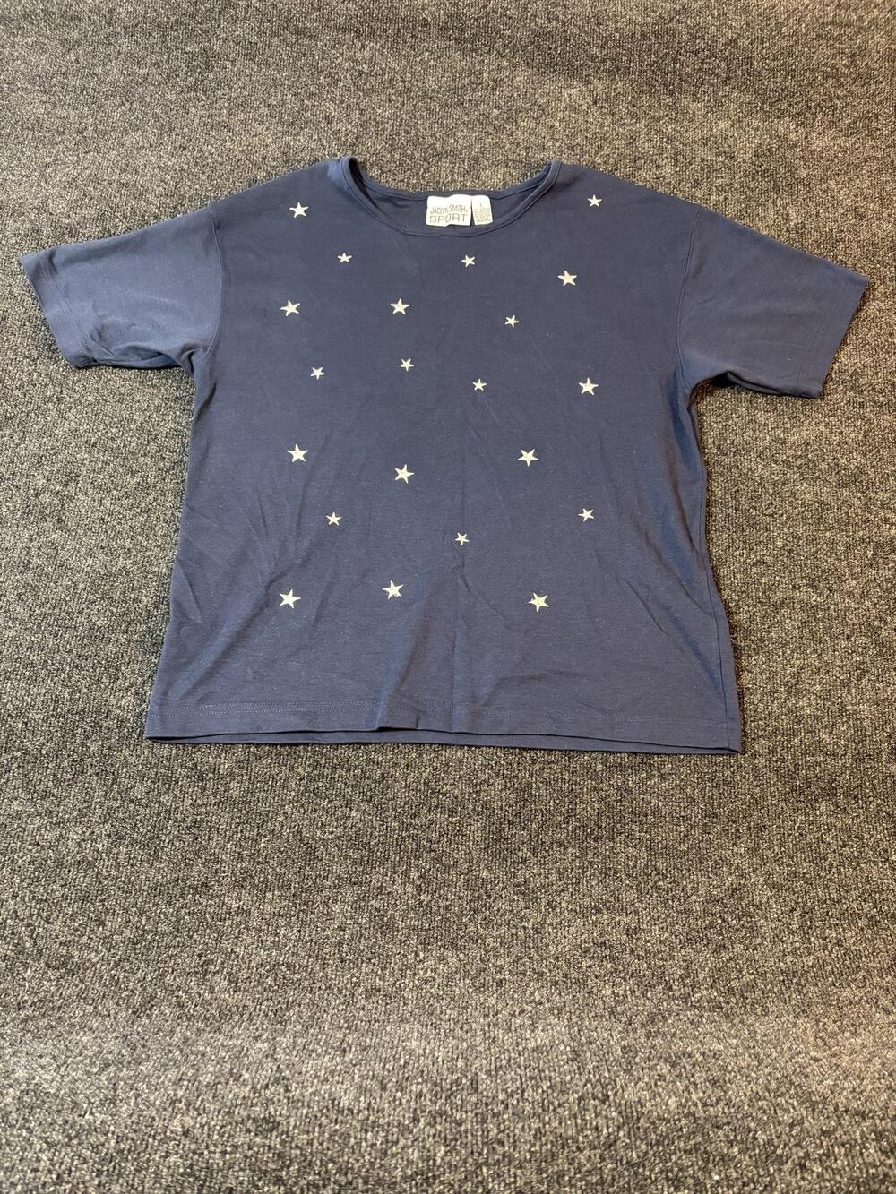 Jaclyn Smith Sport Shirt Womens L Blue Embroidered Star Crew Neck Short Sleeve